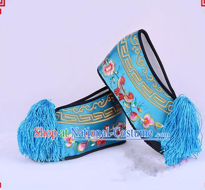 Chinese Ancient Peking Opera Young Lady Bride Embroidered Flowers Hua Tan Shoes, Traditional China Beijing Opera Princess Wedding Blue Embroidered Increase Shoes