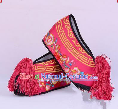 Chinese Ancient Peking Opera Young Lady Bride Embroidered Flowers Hua Tan Shoes, Traditional China Beijing Opera Princess Wedding Rosy Embroidered Increase Shoes