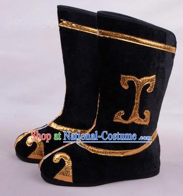 Chinese Ancient Peking Opera Martial Lady Swordplay Embroidered Boots, Traditional China Beijing Opera Dragon Dance Black Embroidered Shoes