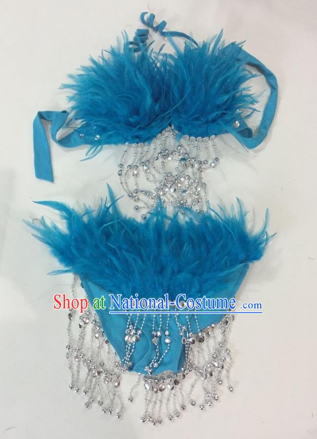 Top Grade Professional Performance Catwalks Swimsuit Costumes, Traditional Brazilian Rio Carnival Samba Suits Modern Fancywork Blue Feather Bikini for Women