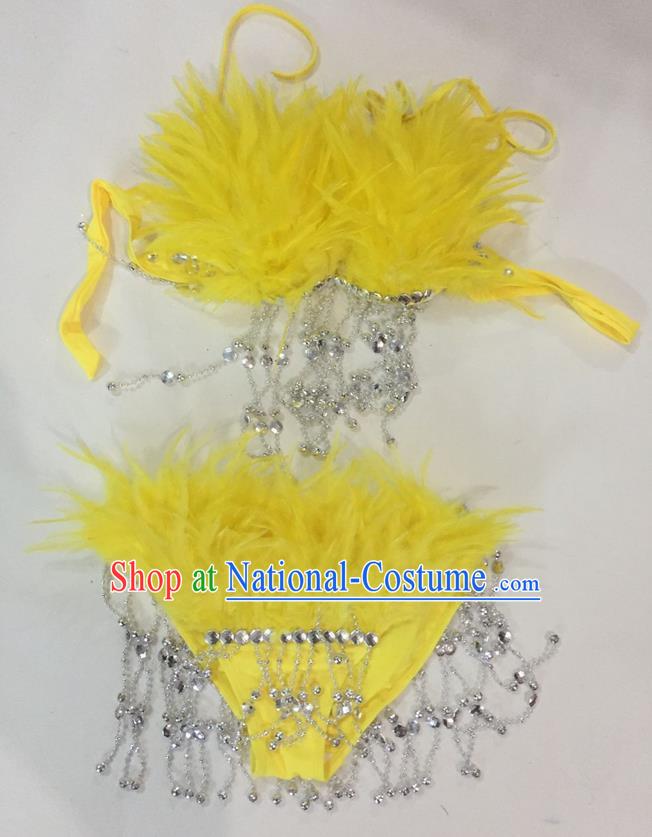 Top Grade Professional Performance Catwalks Swimsuit Costumes, Traditional Brazilian Rio Carnival Samba Suits Modern Fancywork Yellow Feather Bikini for Women