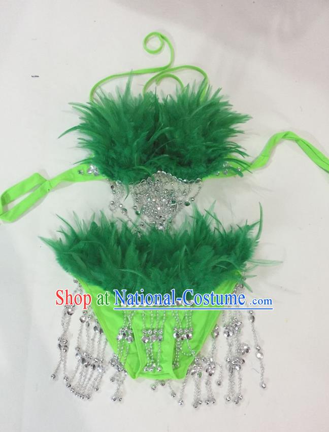 Top Grade Professional Performance Catwalks Swimsuit Costumes, Traditional Brazilian Rio Carnival Samba Suits Modern Fancywork Deep Green Feather Bikini for Women