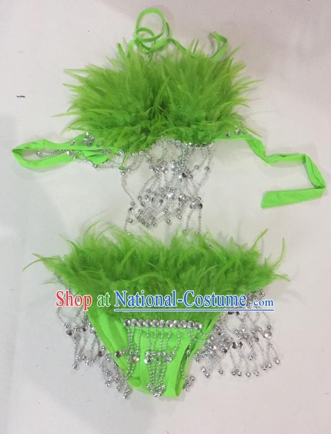 Top Grade Professional Performance Catwalks Swimsuit Costumes, Traditional Brazilian Rio Carnival Samba Suits Modern Fancywork Green Feather Bikini for Women