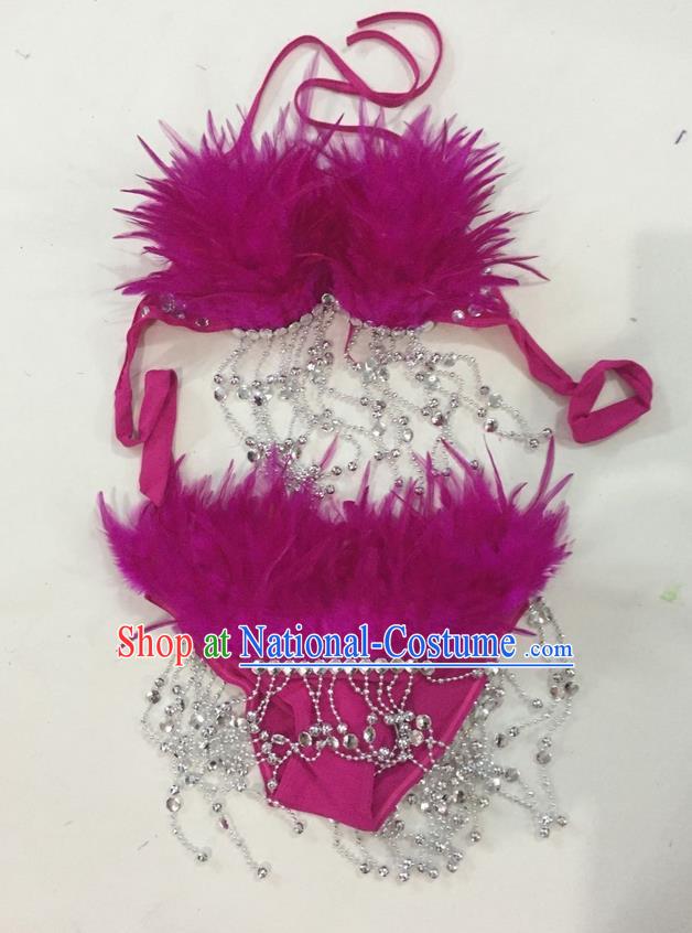 Top Grade Professional Performance Catwalks Swimsuit Costumes, Traditional Brazilian Rio Carnival Samba Suits Modern Fancywork Purple Feather Bikini for Women