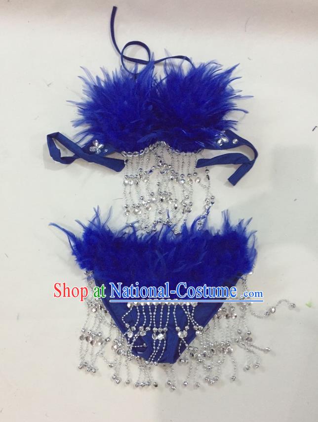 Top Grade Professional Performance Catwalks Swimsuit Costumes, Traditional Brazilian Rio Carnival Samba Suits Modern Fancywork Royalblue Feather Bikini for Women