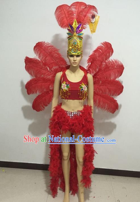 Top Grade Professional Performance Catwalks Swimsuit Costumes and Headpiece, Traditional Brazilian Rio Carnival Samba Suits Modern Fancywork Red Feather Bikini for Women