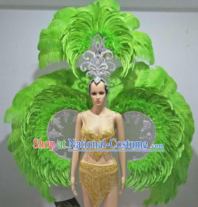 Top Grade Professional Performance Catwalks Swimsuit Costumes with Wings Headpiece, Traditional Brazilian Rio Carnival Samba Suits Modern Fancywork Green Feather Bikini for Women