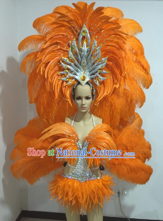 Top Grade Professional Performance Catwalks Swimsuit Costumes with Wings, Traditional Brazilian Rio Carnival Samba Suits Modern Fancywork Orange Feather Bikini Clothing for Women