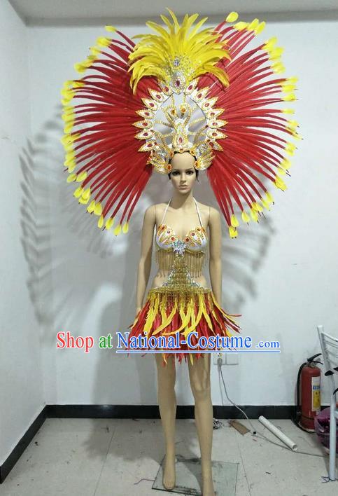 Top Grade Professional Performance Catwalks Swimsuit Costumes and Headwear, Traditional Brazilian Rio Carnival Samba Suits Modern Fancywork Feather Bikini Clothing for Women