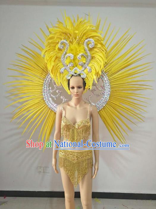 Top Grade Professional Performance Catwalks Swimsuit Costumes and Headpiece, Traditional Brazilian Rio Carnival Samba Suits Modern Fancywork Yellow Feather Bikini Clothing for Women