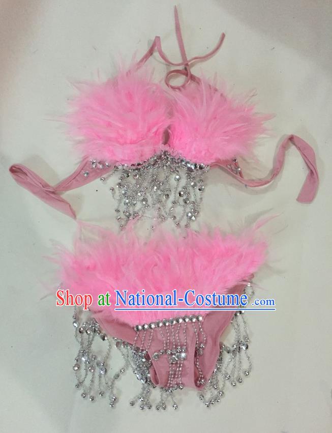 Top Grade Professional Performance Catwalks Swimsuit Costumes, Traditional Brazilian Rio Carnival Samba Suits Modern Fancywork Pink Feather Bikini for Women