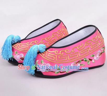 Chinese Ancient Peking Opera Young Lady Embroidered Hua Tan Shoes, Traditional China Beijing Opera Princess Wedding Rosy Embroidered Shoes