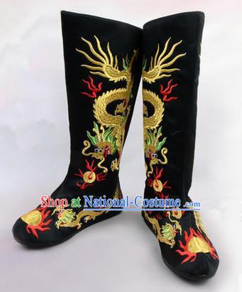 Chinese Ancient Peking Opera King Embroidered Dragon High Leg Boots, Traditional China Beijing Opera Emperor Black Embroidered Steller Shoes