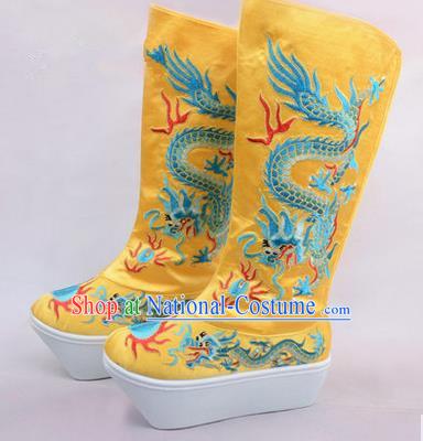 Chinese Ancient Peking Opera King Embroidered Dragon High Leg Boots, Traditional China Beijing Opera Emperor Yellow Embroidered High Sole Shoes