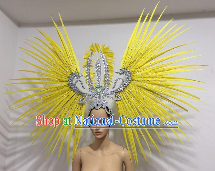 Top Grade Professional Stage Show Giant Headpiece Parade Hair Accessories Decorations, Brazilian Rio Carnival Samba Opening Dance Yellow Feather Headdress for Women