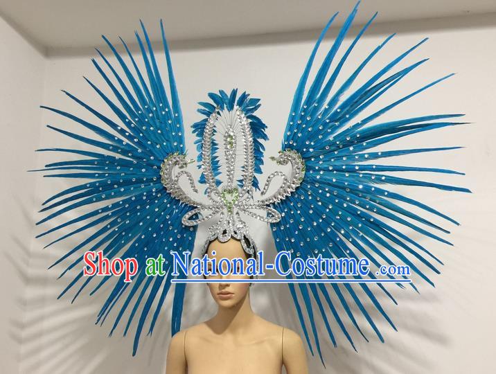 Top Grade Professional Stage Show Giant Headpiece Parade Hair Accessories Decorations, Brazilian Rio Carnival Samba Opening Dance Blue Feather Headdress for Women