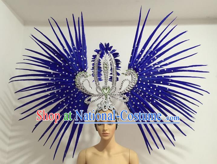 Top Grade Professional Stage Show Giant Headpiece Parade Hair Accessories Decorations, Brazilian Rio Carnival Samba Opening Dance Royalblue Feather Headdress for Women