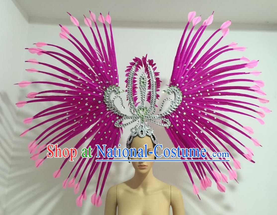 Top Grade Professional Stage Show Giant Headpiece Parade Hair Accessories Decorations, Brazilian Rio Carnival Samba Opening Dance Rosy Feather Headdress for Women