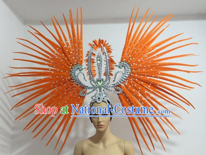 Top Grade Professional Stage Show Giant Headpiece Parade Hair Accessories Decorations, Brazilian Rio Carnival Samba Opening Dance Orange Feather Headdress for Women