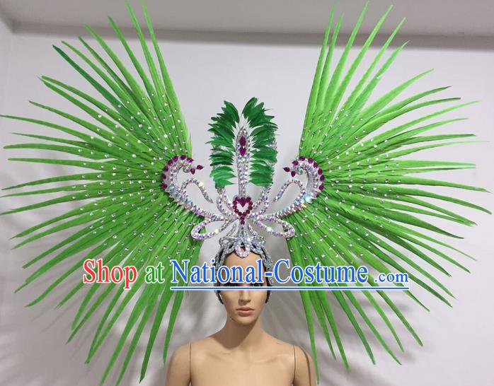 Top Grade Professional Stage Show Giant Headpiece Parade Hair Accessories Decorations, Brazilian Rio Carnival Samba Opening Dance Green Feather Headdress for Women