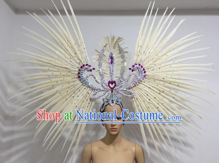 Top Grade Professional Stage Show Giant Headpiece Parade Hair Accessories Decorations, Brazilian Rio Carnival Samba Opening Dance White Feather Headdress for Women