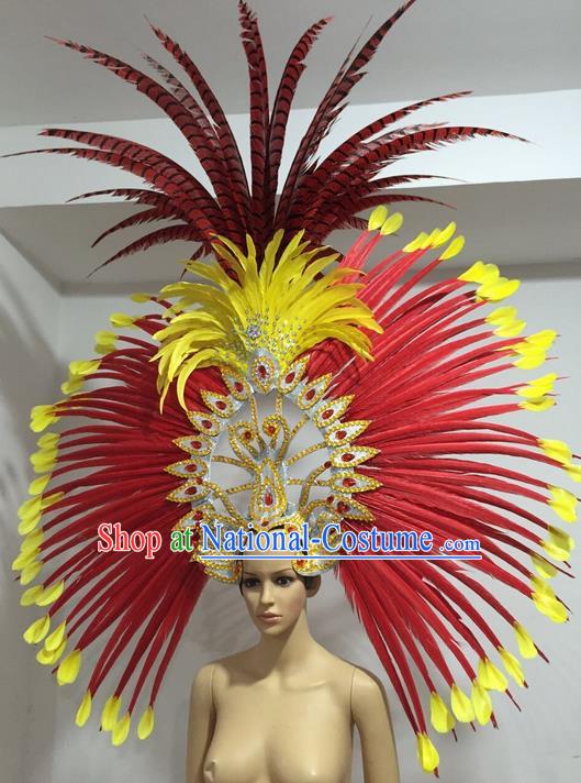 Top Grade Professional Stage Show Big Hair Accessories Decorations, Brazilian Rio Carnival Samba Opening Dance Red Feather Headpiece for Women