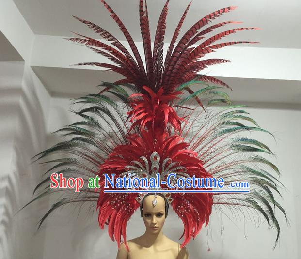 Top Grade Professional Stage Show Giant Headpiece Parade Hair Accessories Deluxe Decorations, Brazilian Rio Carnival Samba Opening Dance Red Feather Hats for Women