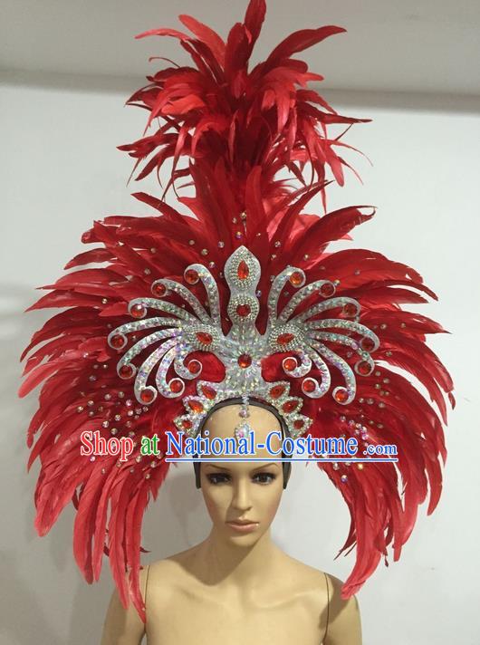 Top Grade Professional Stage Show Giant Headpiece Parade Hair Accessories Deluxe Decorations, Brazilian Rio Carnival Samba Opening Dance Red Feather Headwear for Women