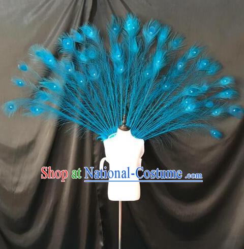 Top Grade Professional Stage Show Halloween Props Wings, Brazilian Rio Carnival Parade Samba Dance Modern Fancywork Blue Feather Backplane for Kids