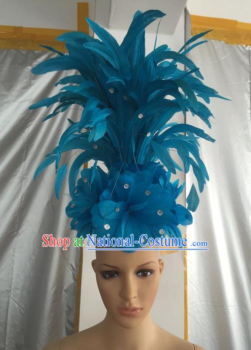 Top Grade Professional Stage Show Halloween Halloween Hair Accessories Decorations, Brazilian Rio Carnival Parade Samba Dance Modern Fancywork Blue Feather Headpiece for Kids