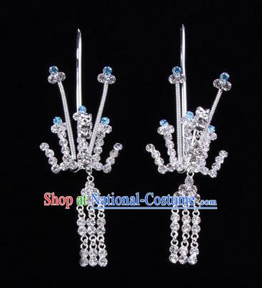 Chinese Ancient Peking Opera Hair Accessories Young Lady Phoenix Tassel Headwear, Traditional Chinese Beijing Opera Head Ornaments Hua Tan Crystal Blue Hairpins