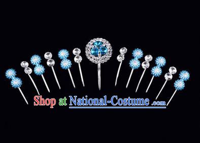 Chinese Ancient Peking Opera Hair Accessories Young Lady Headwear Complete Set, Traditional Chinese Beijing Opera Head Ornaments Hua Tan Crystal Blue Hairpins