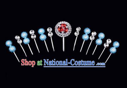 Chinese Ancient Peking Opera Hair Accessories Young Lady Headwear Complete Set, Traditional Chinese Beijing Opera Head Ornaments Hua Tan Crystal Red Hairpins