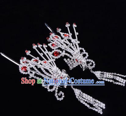 Chinese Ancient Peking Opera Hair Accessories Young Lady Diva Red Phoenix Headwear, Traditional Chinese Beijing Opera Head Ornaments Hua Tan Crystal Hairpins