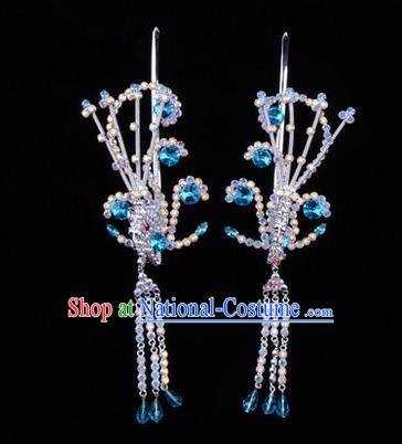 Chinese Ancient Peking Opera Hair Accessories Young Lady Diva Blue Phoenix Headwear, Traditional Chinese Beijing Opera Head Ornaments Hua Tan Colorful Crystal Hairpins