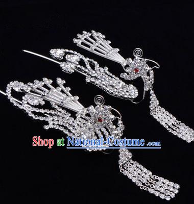 Chinese Ancient Peking Opera Hair Accessories Young Lady Diva Tassel Phoenix Headwear, Traditional Chinese Beijing Opera Head Ornaments Hua Tan White Crystal Hairpins