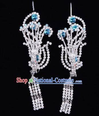 Chinese Ancient Peking Opera Hair Accessories Young Lady Diva Tassel Phoenix Headwear, Traditional Chinese Beijing Opera Head Ornaments Hua Tan Blue Crystal Hairpins