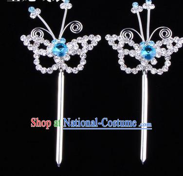 Chinese Ancient Peking Opera Hair Accessories Young Lady Diva Butterfly Headwear, Traditional Chinese Beijing Opera Head Ornaments Hua Tan Blue Crystal Hairpins