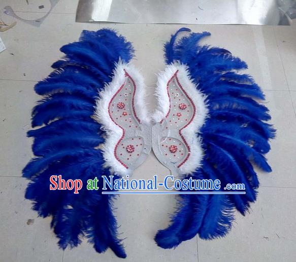 Top Grade Professional Stage Show Halloween Props Decorations Wings, Brazilian Rio Carnival Parade Samba Dance Blue Feather Catwalks Backplane for Women