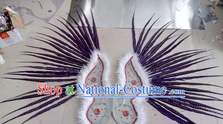 Top Grade Professional Stage Show Halloween Props Decorations Wings, Brazilian Rio Carnival Parade Samba Dance Purple Long Feather Catwalks Backplane for Women