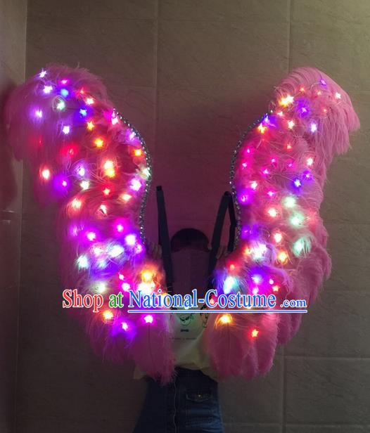 Top Grade Professional Stage Show Halloween Props Decorations Led Light Wings, Brazilian Rio Carnival Parade Samba Dance Catwalks Pink Feather Backplane for Women