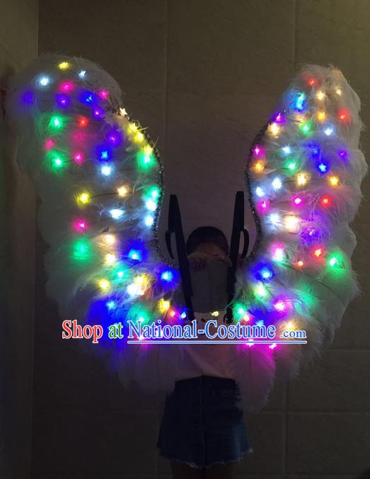 Top Grade Professional Stage Show Halloween Props Decorations Led Light Wings, Brazilian Rio Carnival Parade Samba Dance Catwalks White Feather Backplane for Women