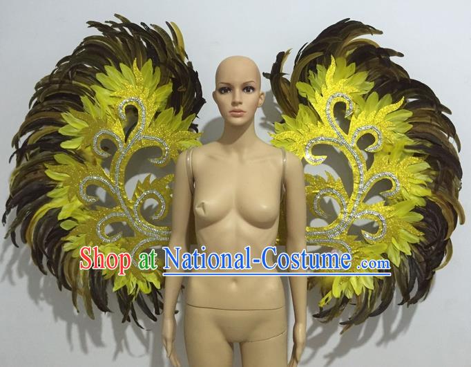 Top Grade Professional Stage Show Halloween Props Decorations Wings, Brazilian Rio Carnival Parade Samba Dance Catwalks Yellow Feather Backplane for Women