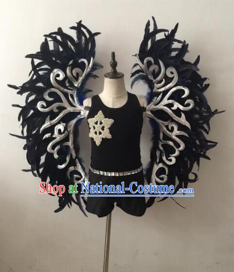 Top Grade Professional Stage Show Halloween Parade Props Decorations Wings, Brazilian Rio Carnival Parade Samba Dance Black Feather Backplane for Kids