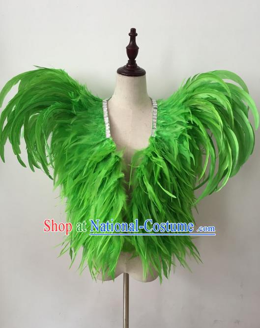 Top Grade Professional Stage Show Halloween Parade Costumes, Brazilian Rio Carnival Parade Samba Dance Catwalks Green Feather Clothing for Kids