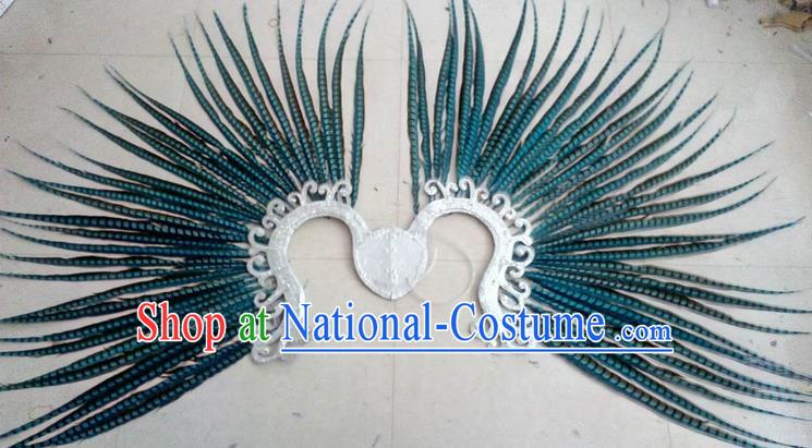 Top Grade Professional Stage Show Halloween Props Decorations, Brazilian Rio Carnival Parade Samba Dance Blue Feather Catwalks Backplane for Women