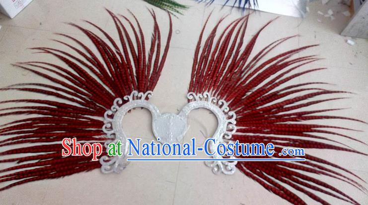 Top Grade Professional Stage Show Halloween Props Decorations, Brazilian Rio Carnival Parade Samba Dance Red Feather Catwalks Backplane for Women