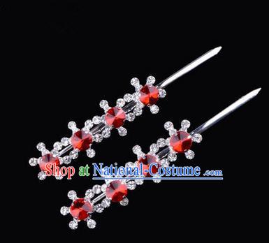 Chinese Ancient Peking Opera Hair Accessories Young Lady Diva Head Ornaments, Traditional Chinese Beijing Opera Hua Tan Red Crystal Four Beads Hairpins