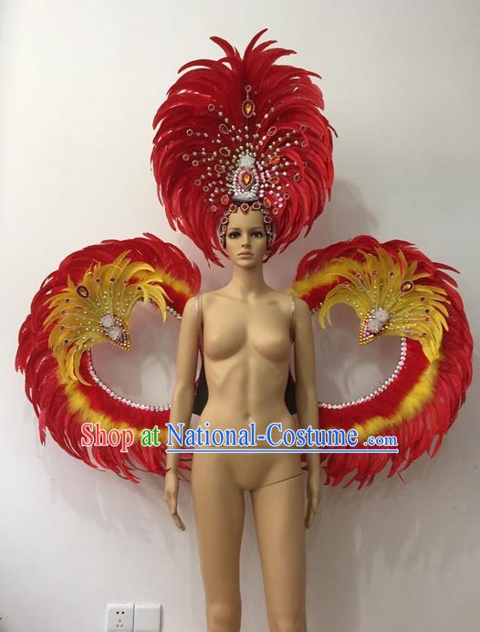 Top Grade Professional Stage Show Halloween Parade Props Decorations Wings and Headpiece, Brazilian Rio Carnival Parade Samba Dance Red Feather Backplane for Women