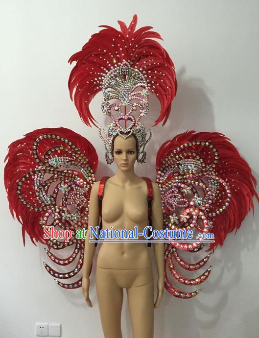 Top Grade Professional Stage Show Halloween Parade Props Decorations Deluxe Wings and Headpiece, Brazilian Rio Carnival Parade Samba Dance Red Feather Backplane for Women